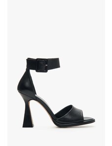 Women's Black Heeled Ankle-Strap Leather Sandals Estro ER00112989