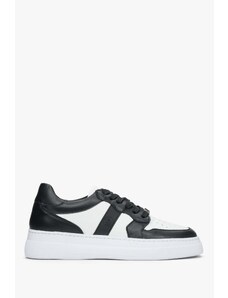Women's Black & White Leather Low-Top Sneakers Estro ER00113060