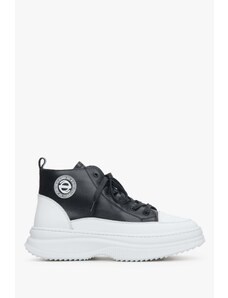 Women's Black & White Leather High-Top Sneakers Estro ER00113462