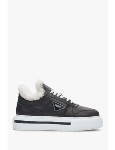 Women's Black Leather Low-Top Sneakers with Fur Lining for Winter Estro ER00111980