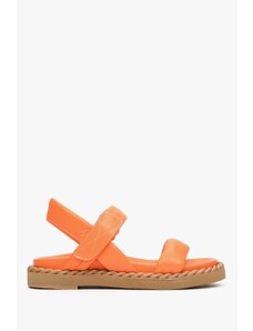 Women's Orange Leather Flat Sandals Estro ER00112871