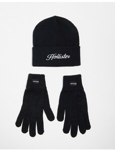 Hollister - Set con berretto e guanti in maglia nera con logo-Black