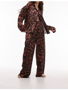 Topshop - Pigiama color cioccolato con stampa astratta in raso con camicia e pantaloni con profili-Brown