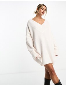 Miss Selfridge - Vestito corto in maglia color crema extra largo con scollo a V-Bianco