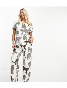 Chelsea Peers Maternity - Pigiama bianco sporco in cotone tono su tono con stampa di leopardi composto da pantaloni e top a maniche corte con bottoni