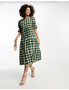 Glamorous - Vestito midi a balze verde a quadri con lacci sul retro e maniche a palloncino