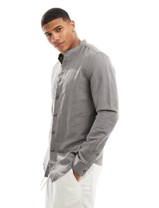 ASOS DESIGN - Camicia di lino con collo serafino grigio antracite vestibilità classica