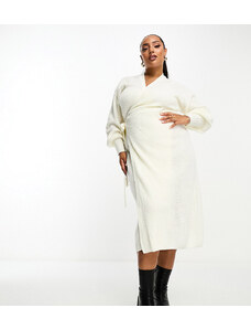 Esclusiva In The Style Plus - Vestito maglia lungo a portafoglio color crema-Bianco