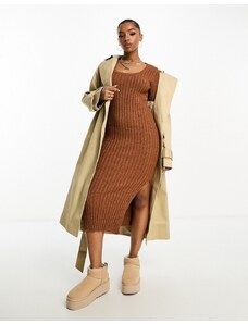 ASOS DESIGN - Vestito midi in maglia con filato testurizzato marrone con scollo quadrato-Neutro