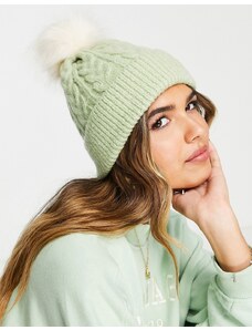 ASOS DESIGN - Berretto in maglia a trecce con pompon in pelliccia sintetica verde salvia