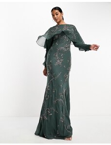 ASOS DESIGN - Modesty - Vestito lungo a maniche lunghe decorato con volant, taglio asimmetrico e dettaglio a mantella verde scuro-Multicolore