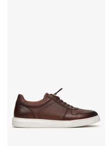 Men's Saddle Brown Leather Low-Top Sneakers with an Elastic Cuff Estro ER00112577