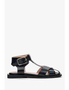 Women's Black Leather Flat Sandals Estro ER00111648