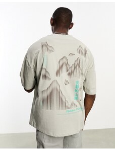 ASOS DESIGN - T-shirt oversize grigia con stampa sul davanti e stampa di montagne sul retro-Grigio