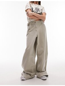 Topshop - Pantaloni a fondo ampio taglio lungo beige con pinces in vita-Neutro