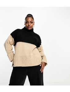 ASOS Curve ASOS DESIGN Curve - Maglione accollato color block nero e color cammello