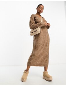 ASOS DESIGN - Vestito lungo in maglia a coste color cammello con scollo a V-Neutro