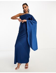 ASOS DESIGN - Vestito lungo in raso blu monospalla con dettaglio sul retro e manica svasata