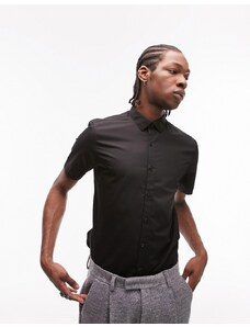 Topman - Camicia elegante a maniche corte elasticizzata, colore nero