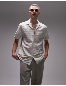 Topman - Camicia a maniche corte vestibilità classica color pietra a righe testurizzata con rever-Neutro