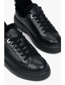 Women's Black Leather & Fur Low-Top Sneakers for Winter Estro ER00112115