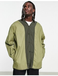 Topman - Camicia giacca a maniche lunghe super oversize senza colletto kaki con motivo sul retro-Verde