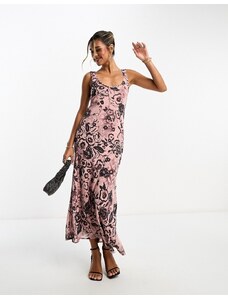 ASOS DESIGN - Vestito sottoveste midi con scollo rotondo rosa con stampa a fiori-Multicolore