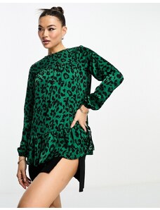 Ax Paris - Blusa verde con stampa leopardata e fondo peplo