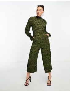 AX Paris - Tuta jumpsuit stile culotte accollata verde con stampa animalier