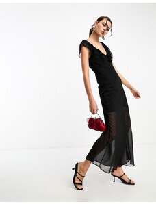 Glamorous - Vestito midi nero con strato sovrapposto trasparente, scollo a V e volant