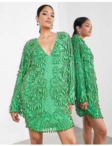 Asos Edition - Vestito a trapezio verde acceso con perline a goccia e scollo a V