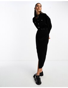 ASOS DESIGN - Vestito camicia midi nero in velluto a coste con cintura