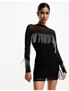 ASOS DESIGN - Vestito corto nero in rete con frange in strass
