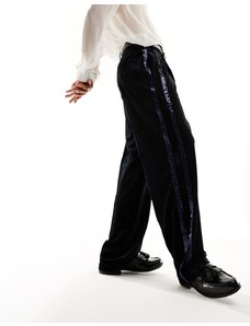 ASOS DESIGN - Pantaloni da abito a fondo ampio neri in velluto con righe in strass-Nero