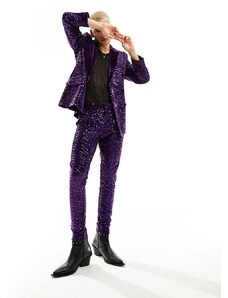ASOS DESIGN - Pantaloni da abito super skinny in velluto viola con paillettes-Nero