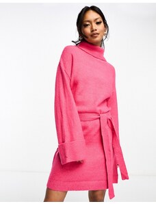 Vila - Vestito maglia corto dolcevita rosa allacciato in vita