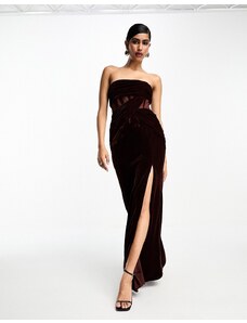 ASOS DESIGN - Vestito lungo color cioccolato in velluto con dettaglio stile corsetto a fascia-Brown