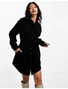 ASOS DESIGN - Vestito camicia nero in velluto a coste con cintura
