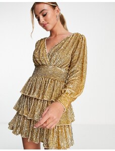 Miss Selfridge - Vestito corto da festival premium a balze a maniche lunghe con paillettes color oro