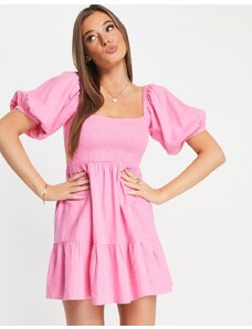 Miss Selfridge - Vestito corto in lino arricciato rosa con corpino aderente e gonna svasata-Multicolore