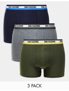 Only & Sons - Confezione da 3 paia di boxer aderenti multicolore con fascia in vita a contrasto-Blu navy