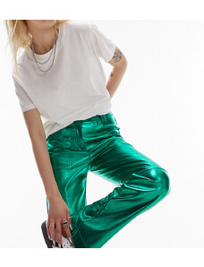 Topshop Petite - Pantaloni dritti a vita bassa verdi metallizzati in pelle con linguetta in vita-Verde