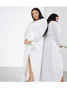 ASOS Curve ASOS DESIGN Curve - Nola - Vestito da sposa a portafoglio a pieghe con scollo profondo e paillettes-Bianco