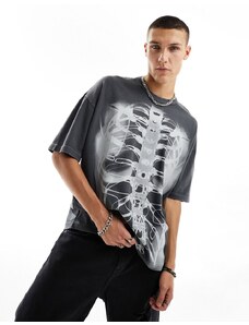 ASOS DESIGN - T-shirt oversize pesante nero slavato con stampa di costole davanti