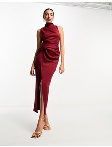 ASOS Tall ASOS DESIGN - Vestito midi accollato color melograno strutturato raccolto in vita-Rosa