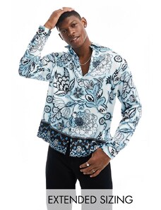 ASOS DESIGN - Camicia comoda in raso blu con stampa a fiori sui bordi