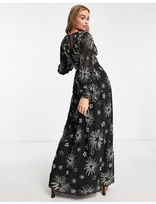 Miss Selfridge - Vestito lungo premium a maniche lunghe nero decorato con stelle - BLACK
