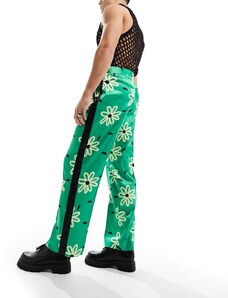 ASOS DESIGN - Pantaloni verdi in raso a fondo ampio con stampa a fiori-Verde