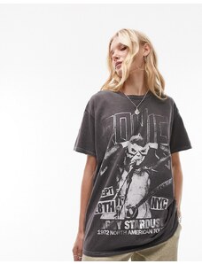 Topshop - T-shirt oversize nero slavato con grafica laminata "Bowie" su licenza