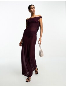 ASOS DESIGN - Vestito lungo trasparente color prugna con scollo Bardot e ad anello sul retro-Viola